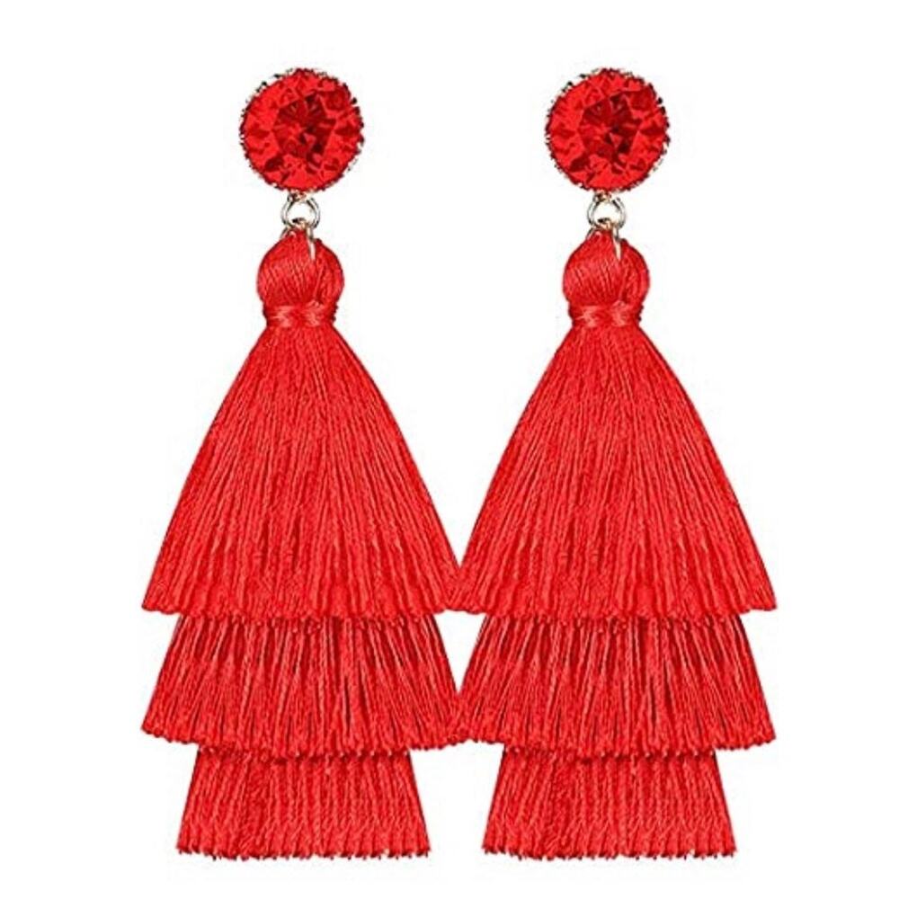 Druzy Stud Red Tiered Tassel Earrings
